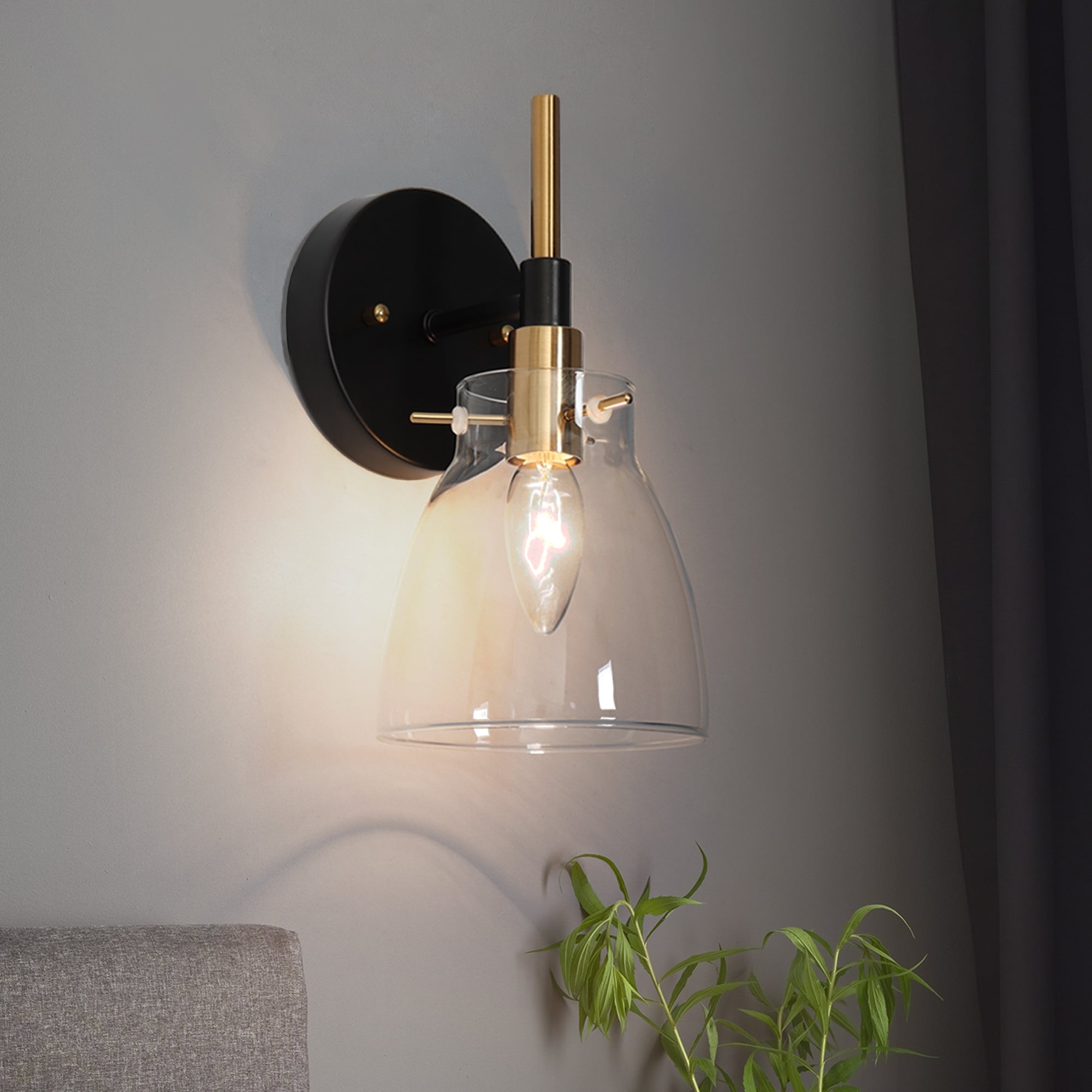 Modern 1-Light Glass Black Gold Wall Sconce Dimmable Bathroom Vanity Lights