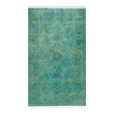 Overton Hand Knotted Wool Vintage Inspired Modern Contemporary Overdyed Green Area Rug - 3' 1" x 5' 3"