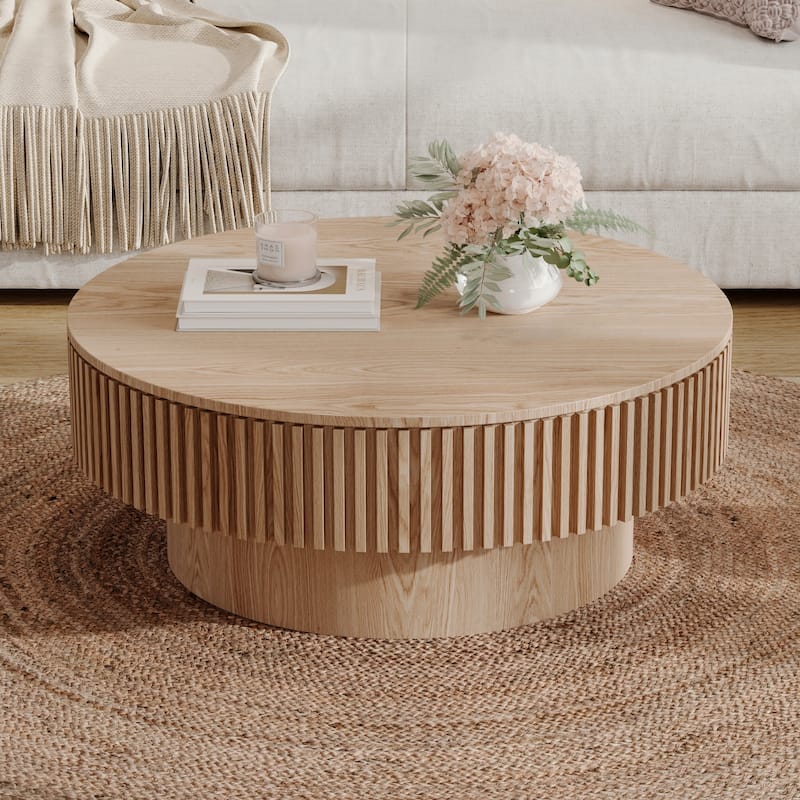 Modern Solid Wood Veneered Round/Oval Coffee Tea Table with Storage