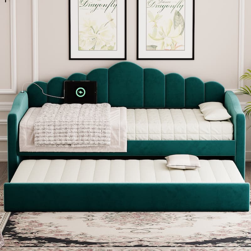 Twin Size Upholstered Daybed with Trundle Bed, Velvet Fabric Sofa Bed Frame with USB Ports and Pocket, Living Room Twin Day Bed