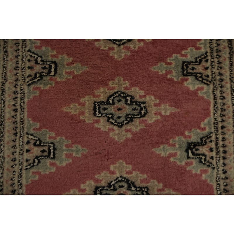 Hand Knotted Oriental 100% Wool Carpet Traditional Geometric Pink Bokhara Runner Rug - 9' 9'' X 2' 8''