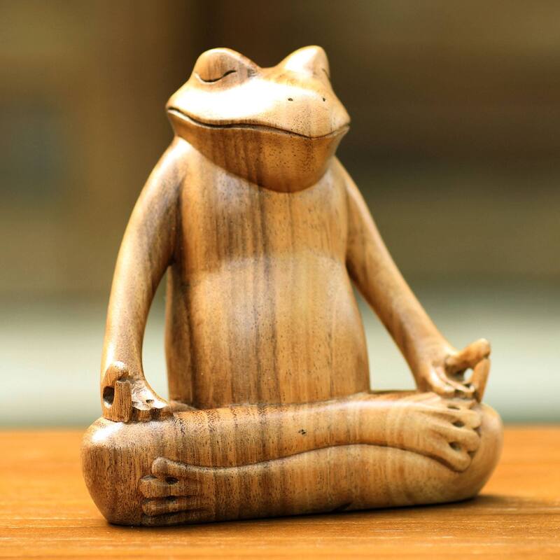 Handmade Frog Meditates Wood sculpture (Indonesia) - 22 x 19 x 13