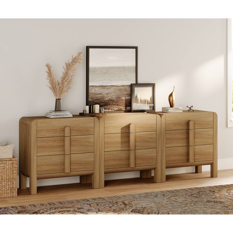 WAMPAT Wood Dresser For Bedroom, Mid Century Modern Chest Of Drawers With Storage, 9 Drawer Dresser With Curved Profile Design