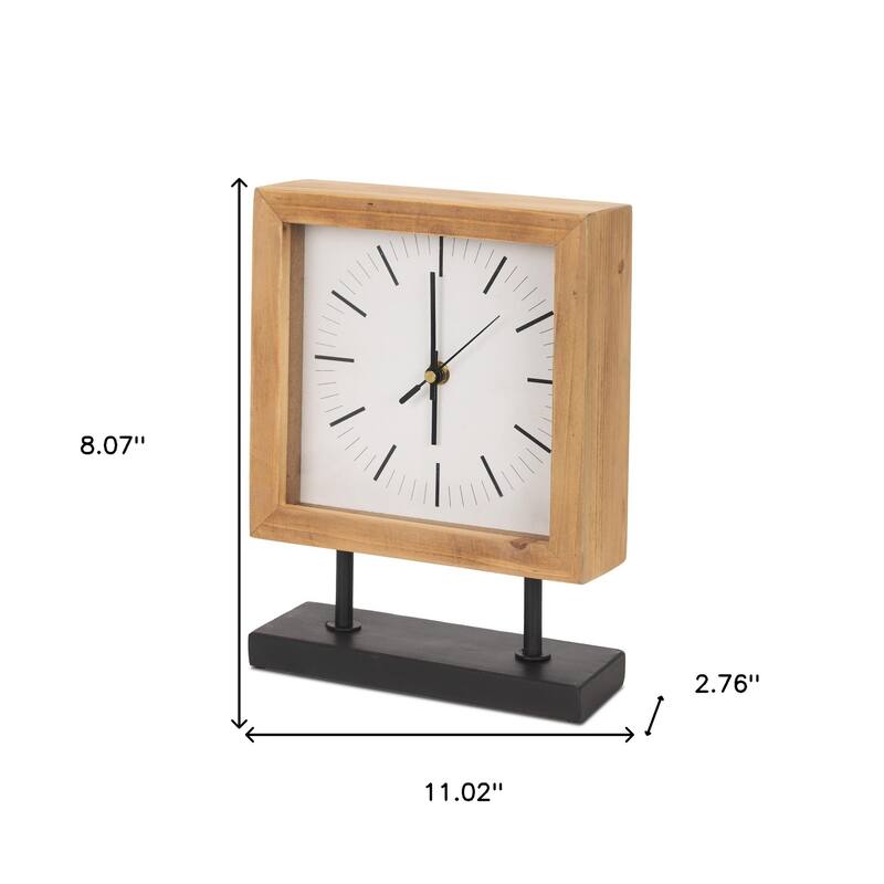 HomeRoots 11" Natural And Black Solid Wood And Metal Square Table Clock - 8.07 in. x 11.02 in. x 2.76 in.
