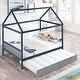 preview thumbnail 7 of 12, Blue Full Size Wood House Bed with Trundle, Roof, and Fence