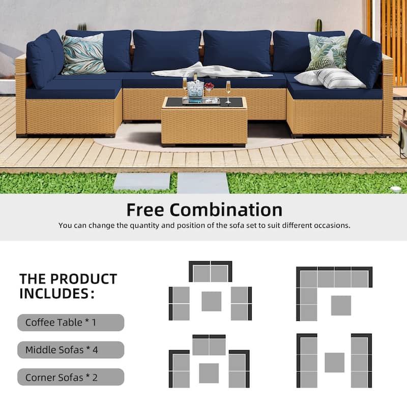 Patio Watcher 7-Piece Patio Yellow Wicker Sectional Seating Group with Cusions and Side Table