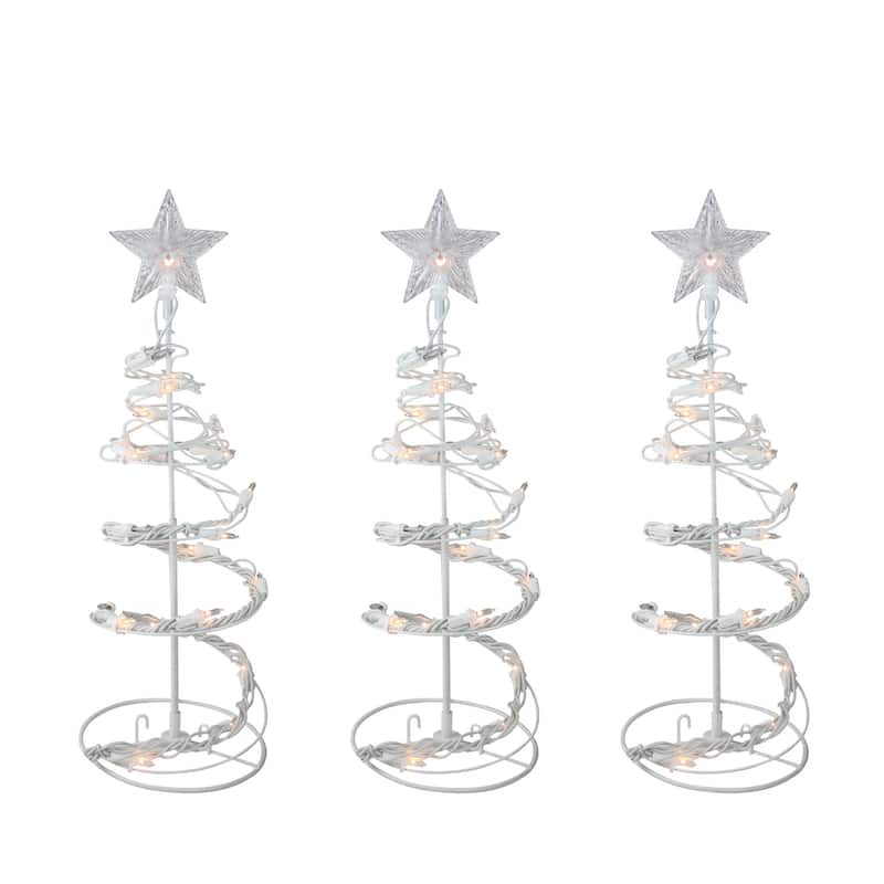 Set of 3 White Clear Lighted Spiral Cone Walkway Christmas Trees Outdoor Decor 18"