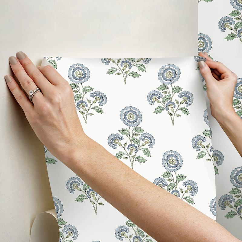 Society Social Flourish Block Print Blue and Green Multi Peel and Stick Wallpaper