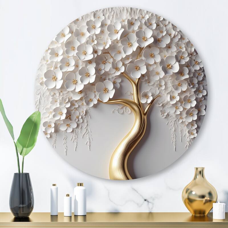 Designart "White Orchid Tree Garden Of Branches VIII" Tree Floral Metal Round Wall Art Print On Metal - 29x29 - Disc of 29 Inch