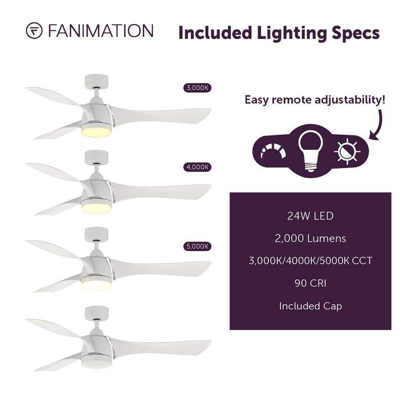 Fanimation Klear 56 inch Indoor/Outdoor Smart Ceiling Fan with LED CCT Select Light Kit and Remote - Matte White