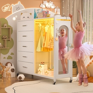 Kid's Closet Organizer with Fabric Drawers and Mirror, Rolling Dresser and Chest with Charge Station