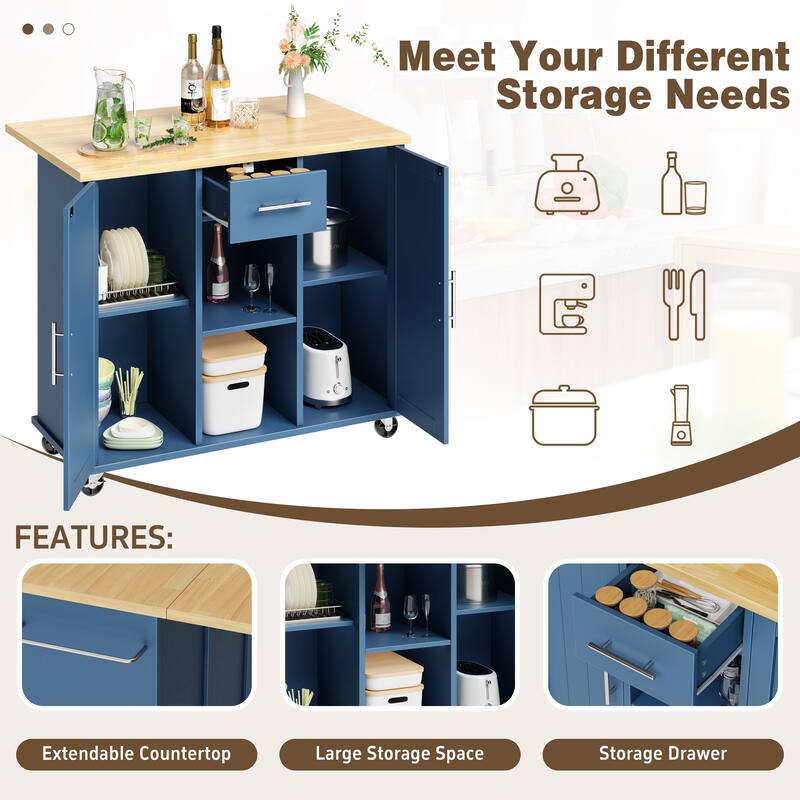 Rolling Kitchen Island Cart with Open Shelf & Drop Countertop - N/A
