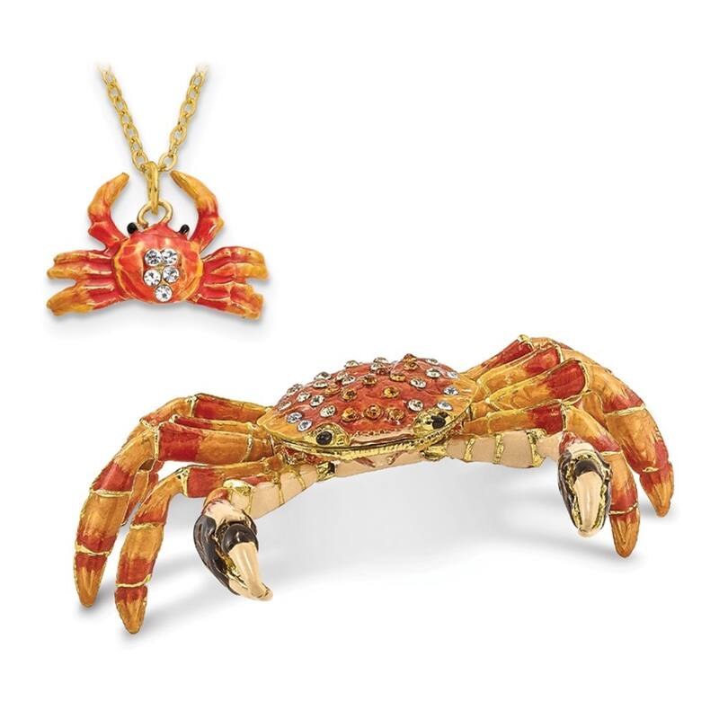Curata Pewter Crystals Gold-Tone Enameled Movable Crabulous Red Orange Crab Trinket Box on 18 Inch Necklace