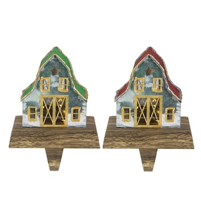 Set of 2 LED Lighted Galvanized Barn Christmas Stocking Holders 5.5"