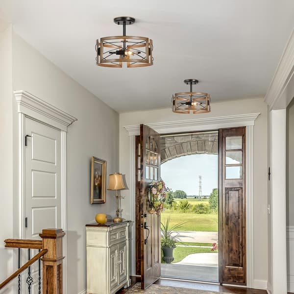 slide 2 of 9, Modern Farmhouse 2-Light Wood Grain Drum Semi-Flush Mount - D13"x H 10.5"