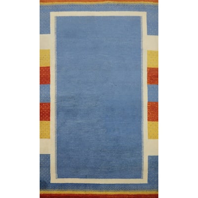 Hand Knotted Oriental 100% Wool Carpet Modern Geometric Navy Blue & Blues Gabbeh Area Rug - 6' 8'' X 4' 7''