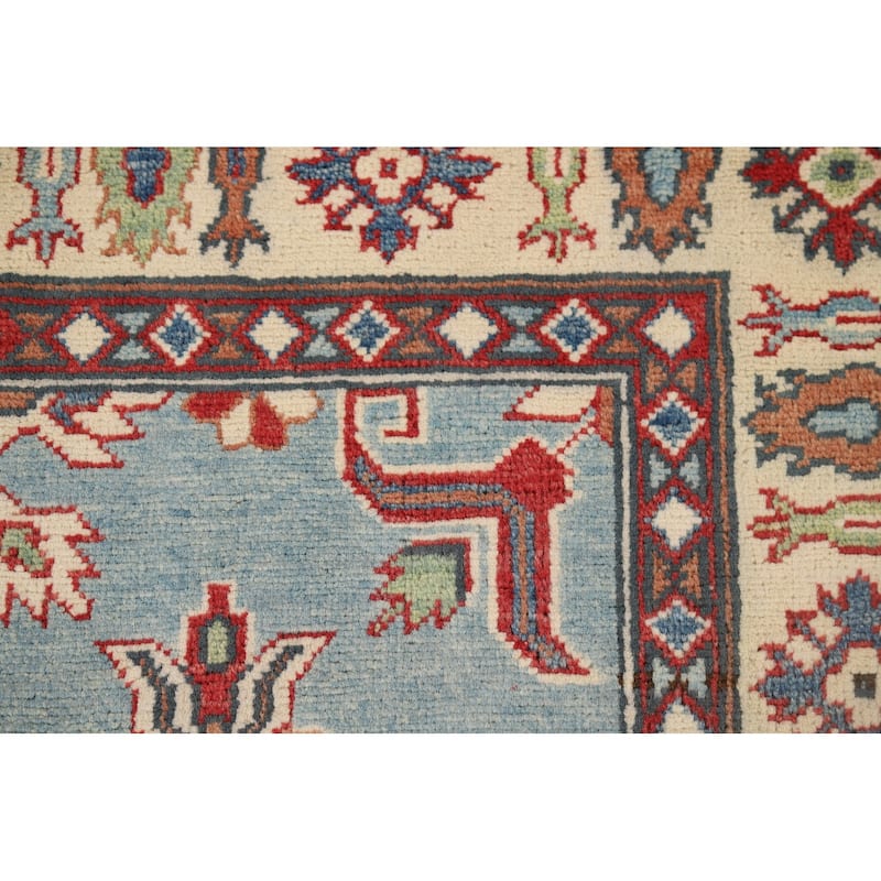 Light Blue Geometric Kazak Oriental Accent Rug Handmade Wool Carpet - 3'10" x 6'5"