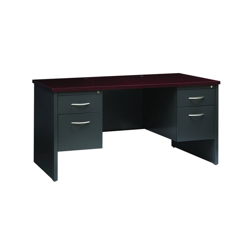 Hirsh Executive Office Modular Double Pedestal File Office Desk, 30" D x 60" W, Charcoal / Mahogany - Grey