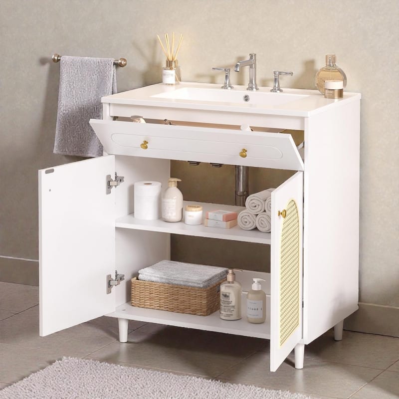30" Bathroom Vanity with Ceramic Sink, Solid Wood Cabinet, Adjustable Shelf, Tip-Drawer & Rattan Panels