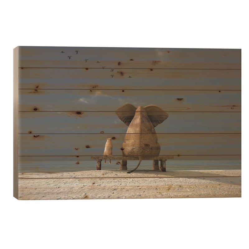 Elephant And Dog Sit On A Beach Print On Wood by Mike Kiev - Multi-Color - 26x40x1.5