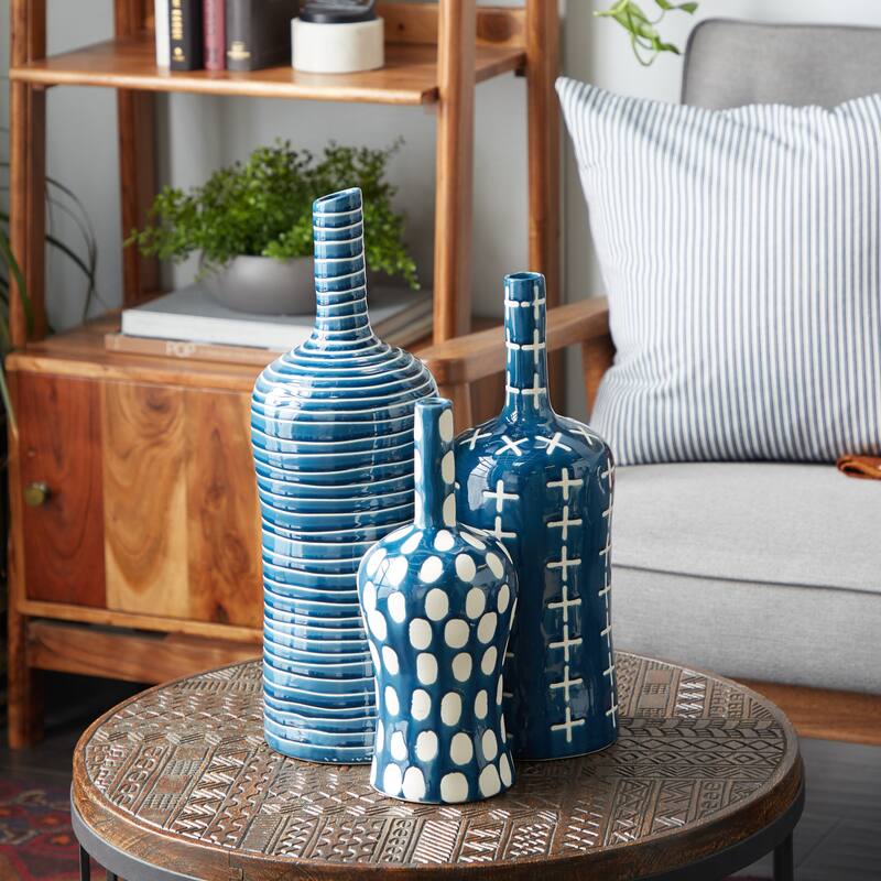 Ceramic Vase with Varying Patterns - Set of 3 Blue - Roche River Decor - 6"Wx6"Lx19"H