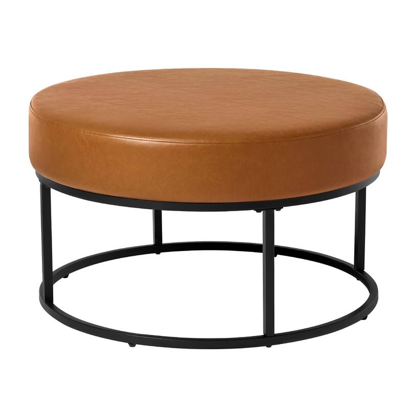 Faux Leather Round Ottoman for Living Room with Metal Legs