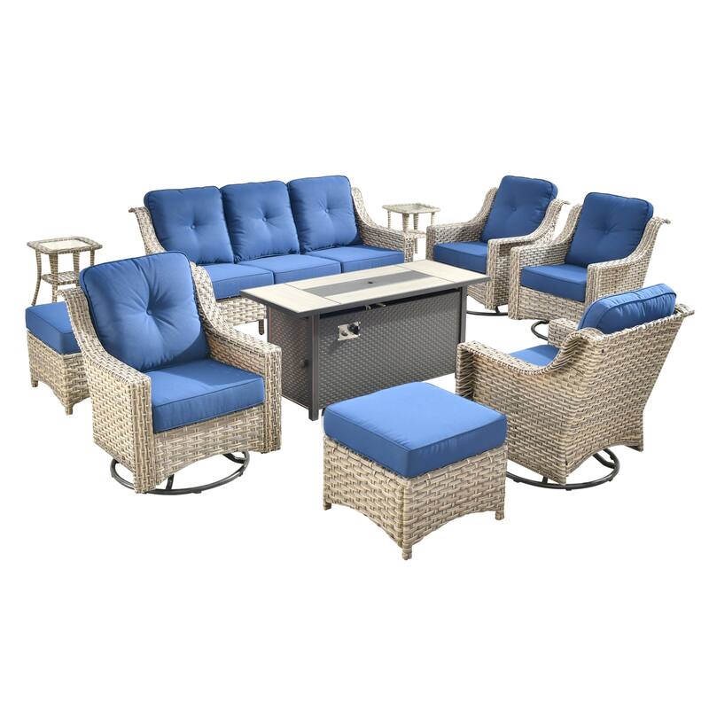 HOOOWOOO 10-piece Wicker Outdoor Patio High Back Swivel Chair Set with Fire Pit