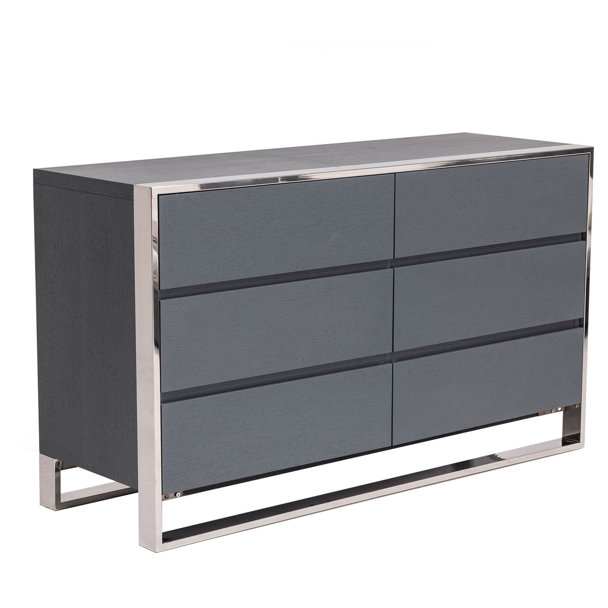 Cid Lue 65 Inch Dresser Chest, Gray Elm Veneer, 6 Drawers, Stainless Steel