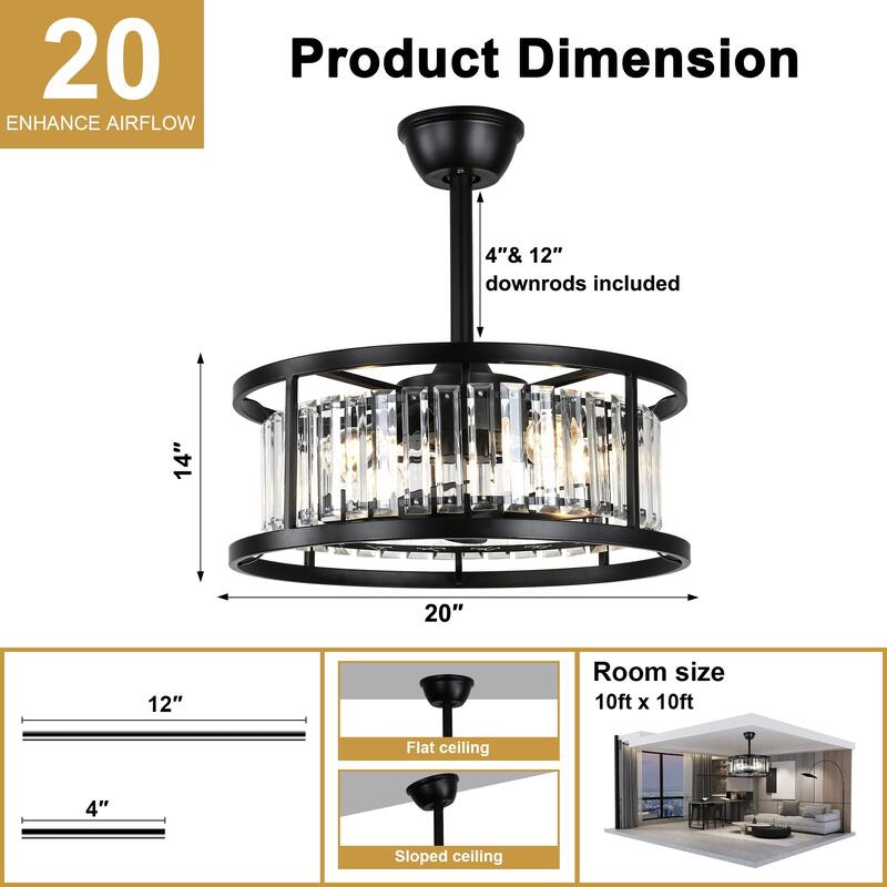 Cusp Barn 20" Black Crystal Caged Ceiling Fan with Light and Remote, Modern 8-Blade Fandelier, DC Motor Reversible Ceiling Fan