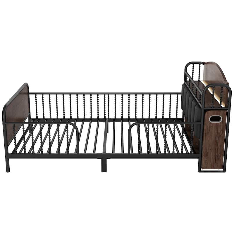 Kids Platform Bed Metal Frame with Linen Fabric Upholstered Storage Headboard Built-in Light Strip, Both Sides Rails