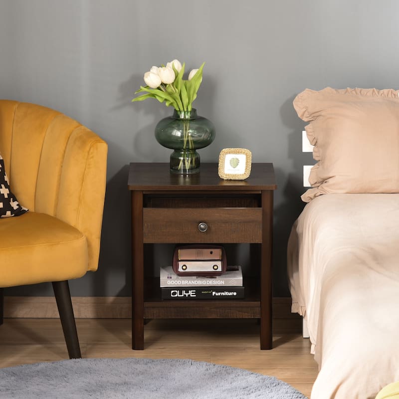 HOMCOM Bedside Night Stand with Drawer, Top and Bottom Shelf for Small Spaces, Dark Brown