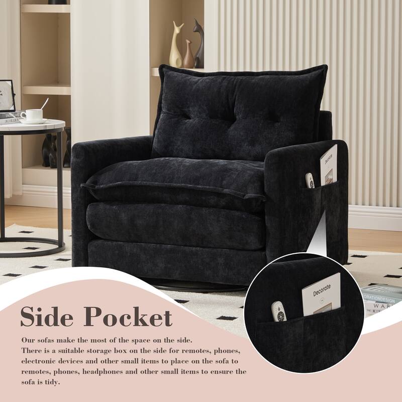 360°Swivel Barrel Chair Single Armchair Chenille Sofa Accent Chair with Thick Padded and Side Storage Pockets