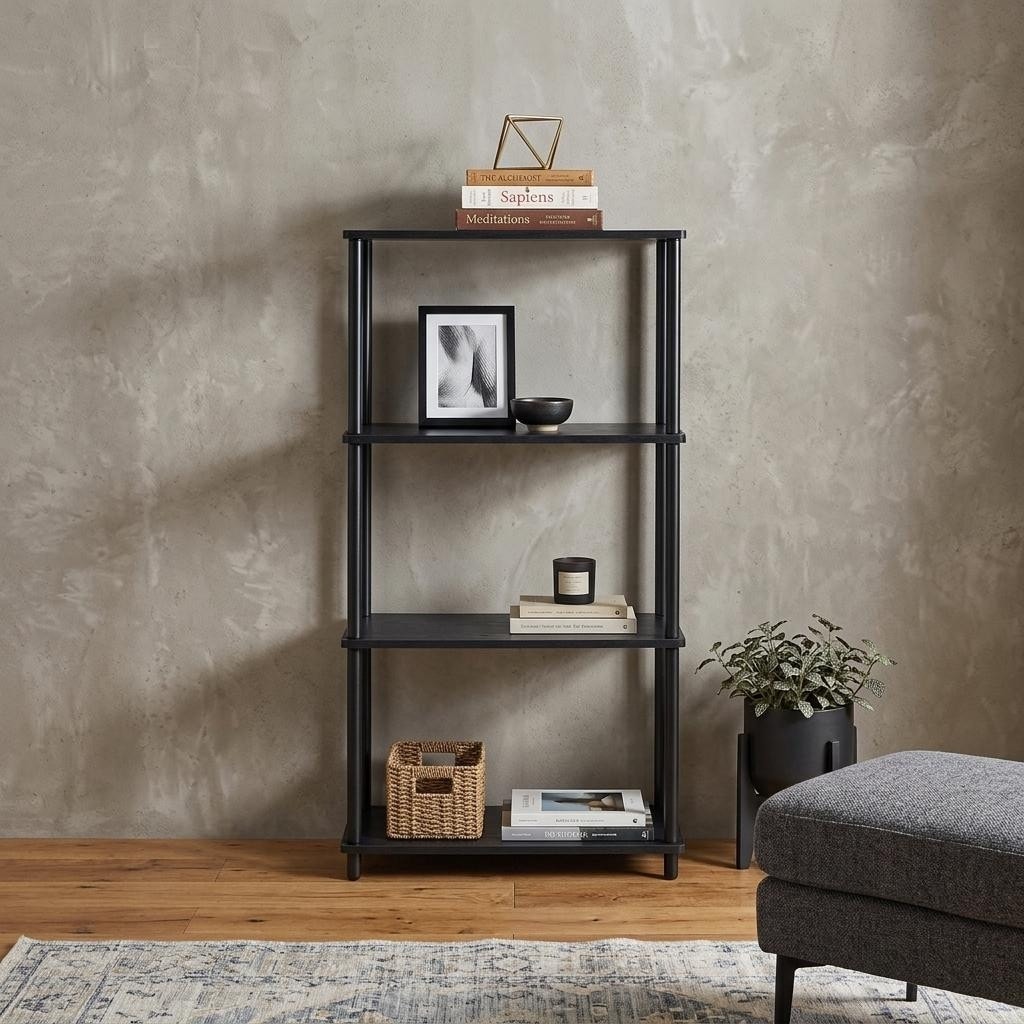 HomeRoots 44" Black Metal and Wood Four Tier Etagere Bookcase