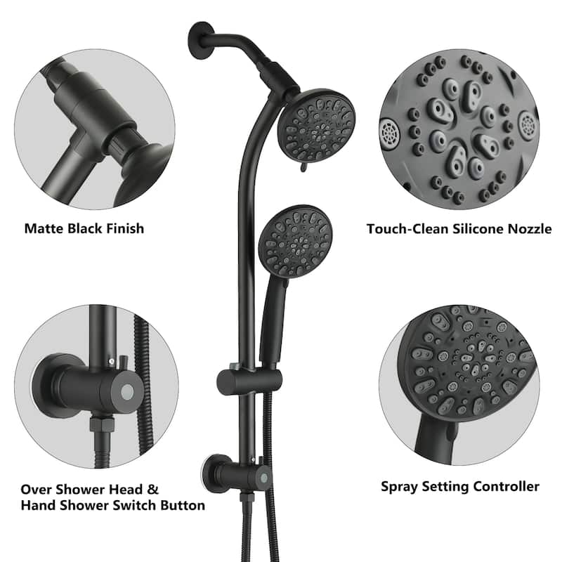 Drill-Free Stainless Steel Slide Bar Combo Rain Showerhead 7-Setting Hand, Dual Shower Head Spa System (Rough-in Valve Included)