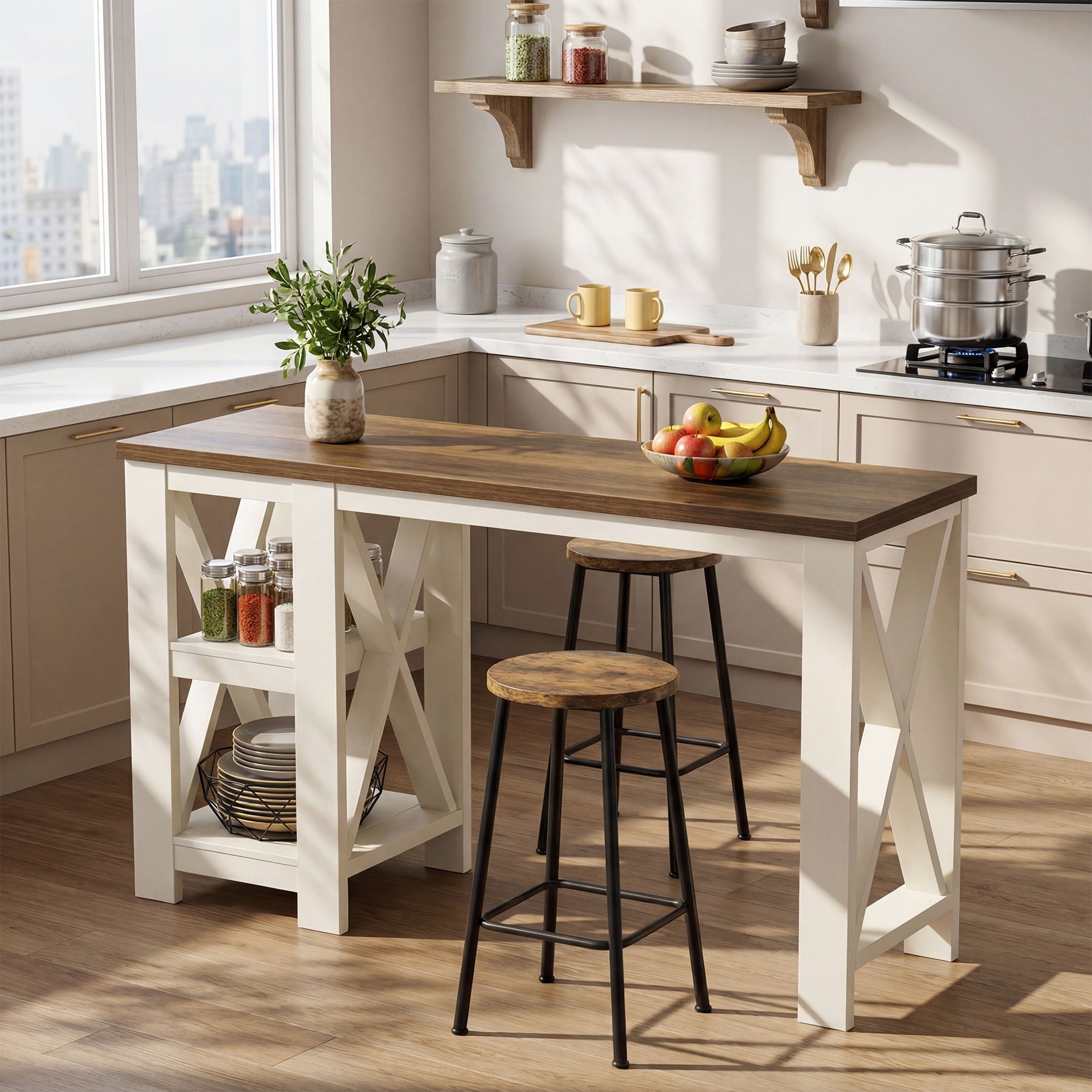 Farmhouse Bar Table with Storage Shelves, Counter Height Pub Table - 62.20" W × 19.69" D × 35.43" H