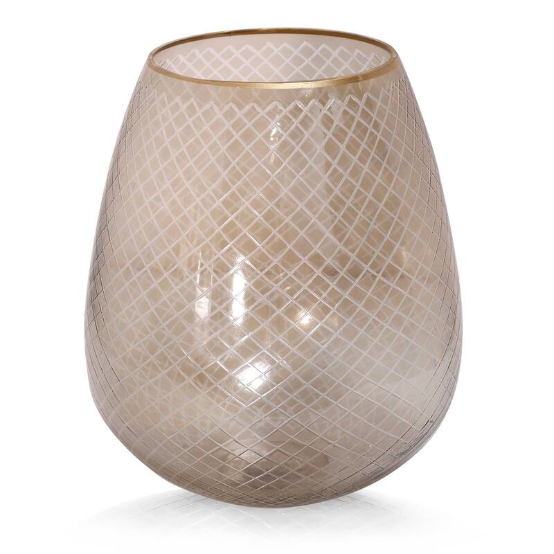 Light Amber Hurricane - Etched Net Design Glass Goblet in Amber with Gold Lip - Amber, Etched Gold