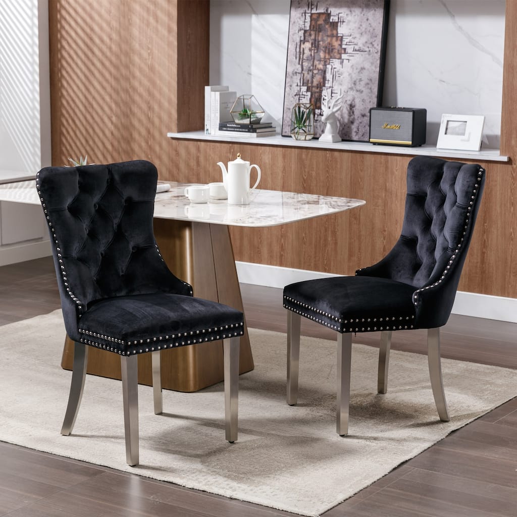 Modern Velvet Upholstered Kitchen Dining Chairs w/ Nailhead Trim, Set of 2