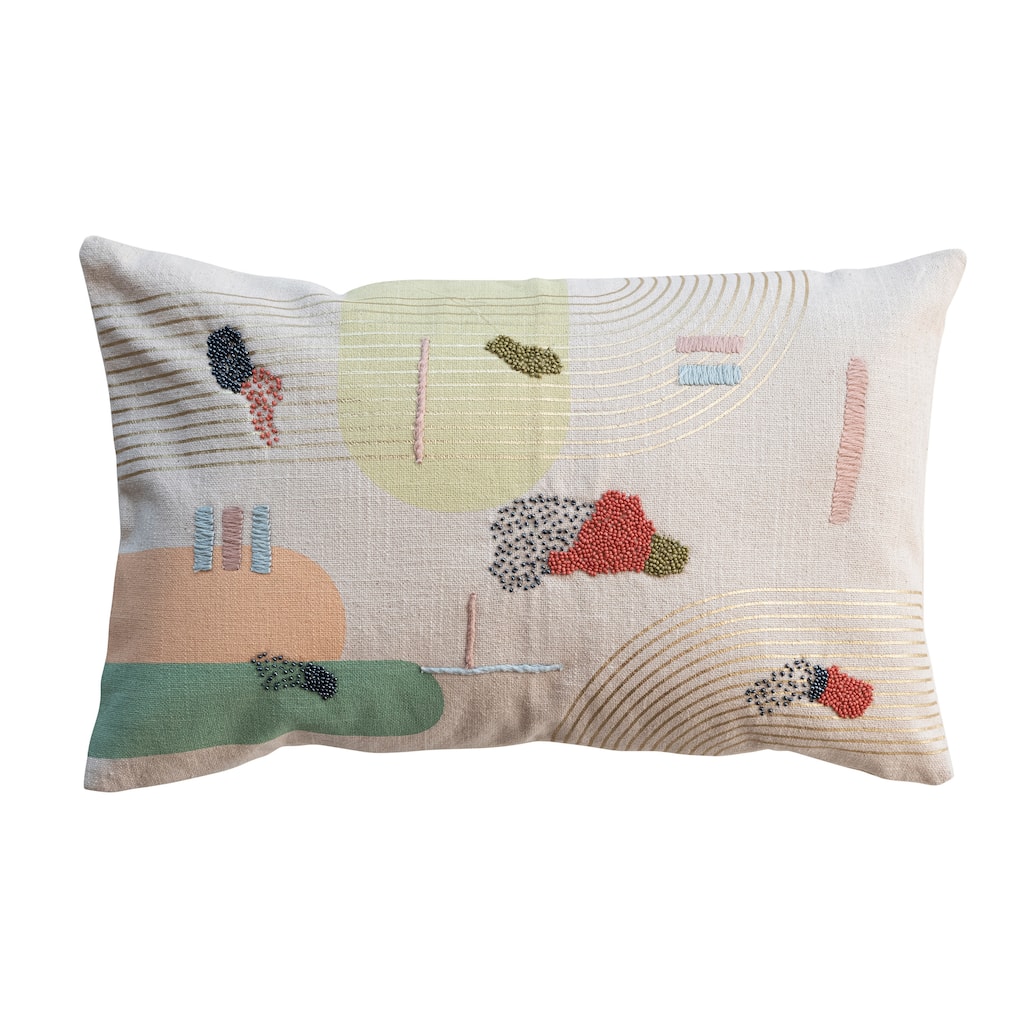 Cotton Slub Printed Lumbar Pillow with Hand-Embroidery and Beads