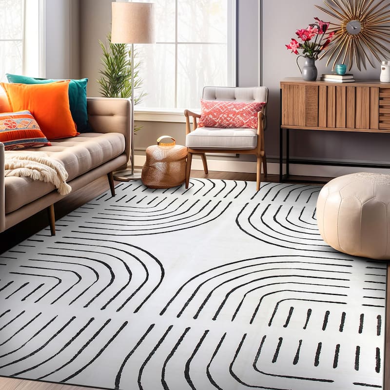 World Rug Gallery Bohemian Lines Washable Non Slip Area Rugs - Ivory - 5'x7'