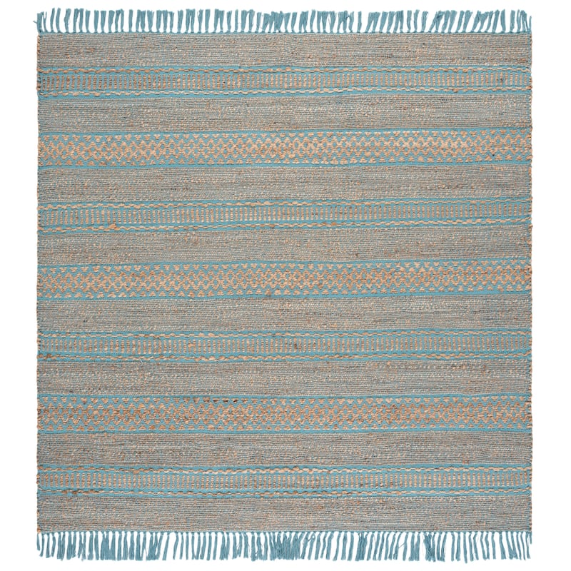 SAFAVIEH Hand-Woven Natural Fiber Ingebjorg Bohemian & Eclectic Cotton Rug - Natural/Aqua - 7' Square