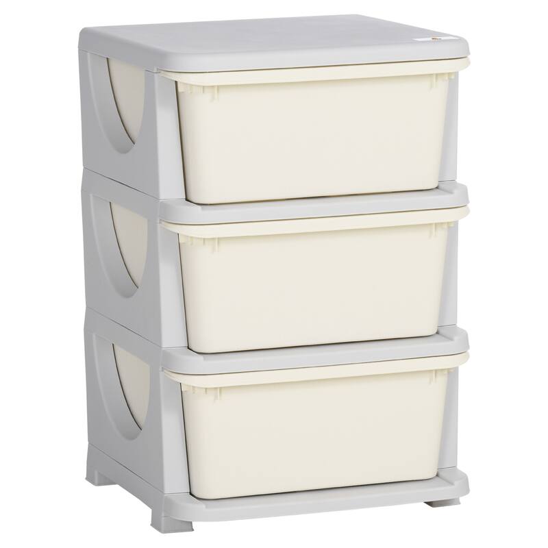 Qaba 3 Tier Kids Storage Unit, 3 Drawer Chest Toy Organizer Plastic Bins - Cream White