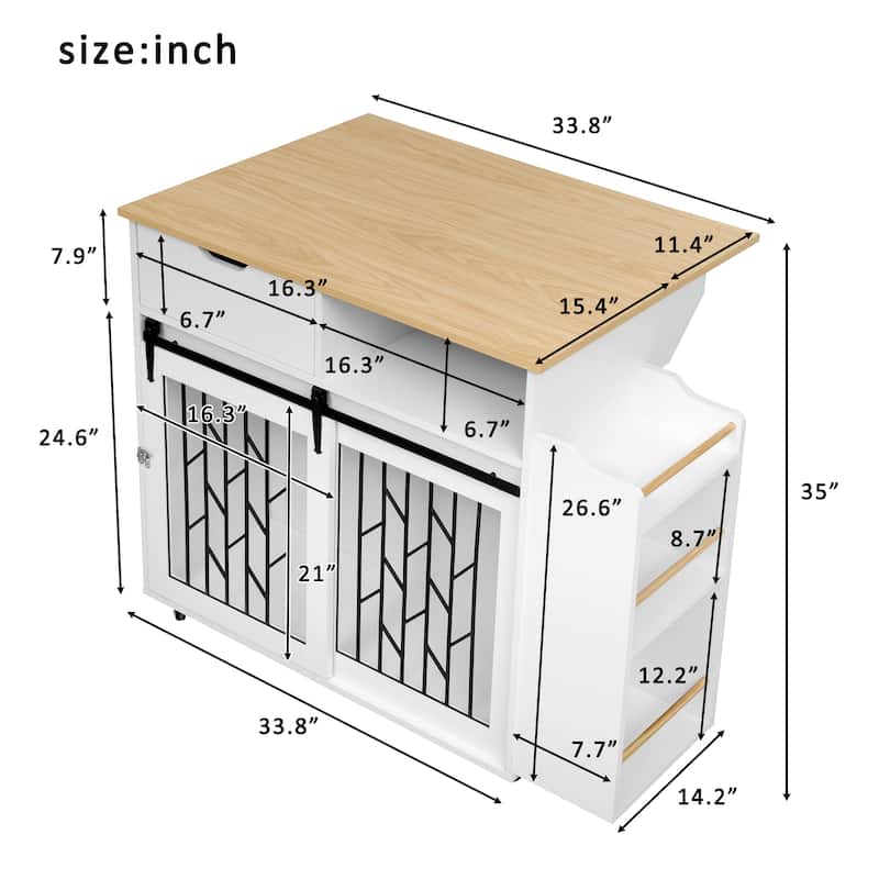 Farmhouse Dog Crate Kitchen Island with Drop Leaf, Pet-Friendly End Table Mobile Kitchen Cart with Storage