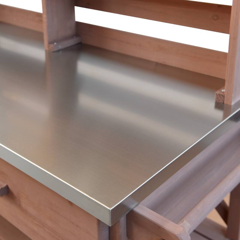 64.9"H Outdoor Potting Table with Lockable Wheels,Solid Wood Kitchen Island with Upper Hutch,Stainless Steel Top,Towel Rack