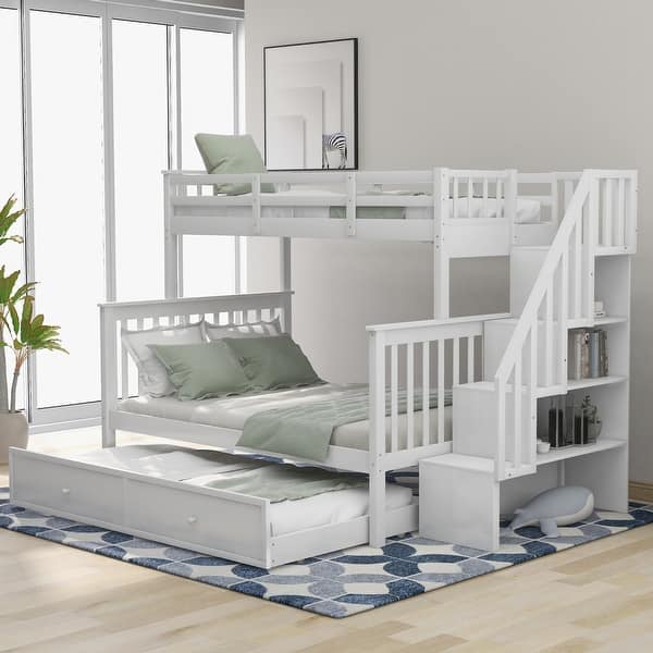 slide 2 of 18, Twin-Over-Full Bunk Bed with Twin Size Trundle&Stairway&Storage&Guard Rail for Bedroom&Dorm, Can Be Converted into 3 Beds White