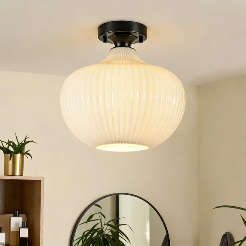 1-Light Modern Elegant Ribbed Glass Flush Mount with Brushed Brass/Matte Black Finish for Bedroom & Foyer