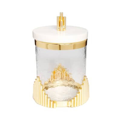 Small Glass Canister with Marble Lid and Symmetrical Gold Design