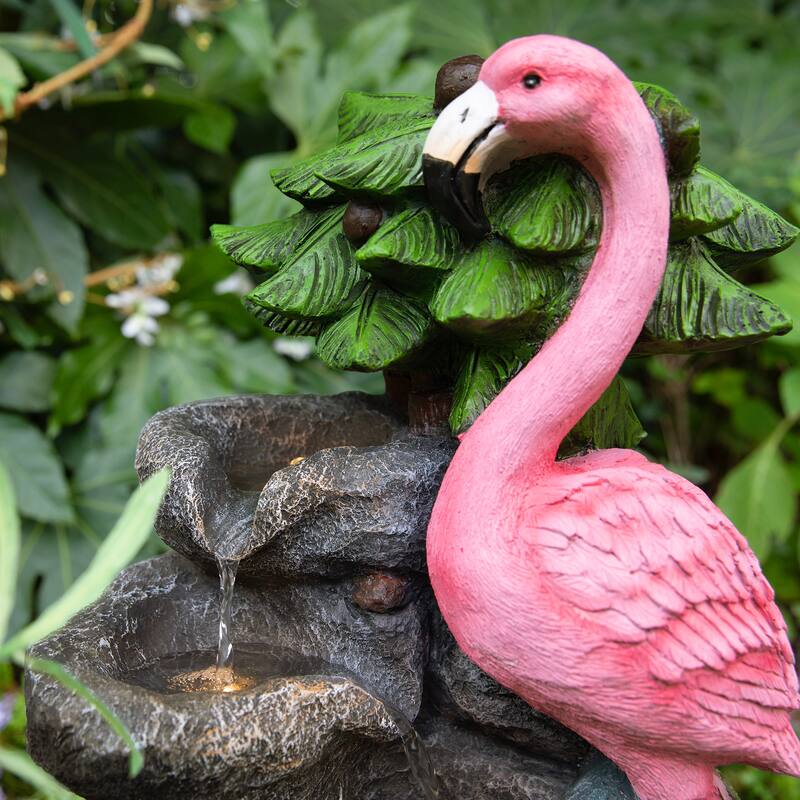 Glitzhome 23.5"H 4-Tiered Flamingo Polyresin Stone Outdoor Fountain with Lights