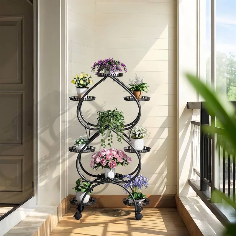 Large Double-heart Black Metal Plant Stand 9-Potted Flower Holder with Mobile Wheels Display Rack - 28.74x11.81x48.82 in