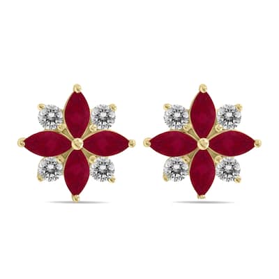 Marquee 1 Carat TW Ruby and Diamond Flower Earrings in 10K Yellow Gold