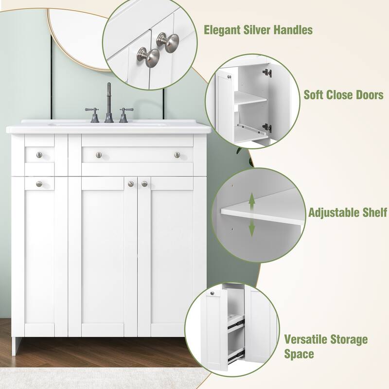 Compact 30-Inch Black Bathroom Vanity with Ceramic Sink, Soft-Close Doors, and Ample Storage Space